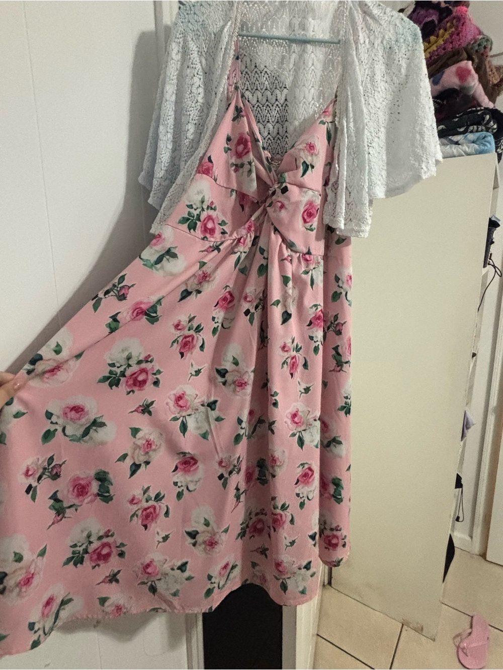 Rosegal Pink Floral Midi Slip Dress with Bow Front